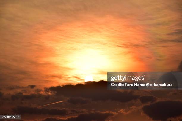 brocken spectre and glory of evening sun - brockengespenst stock-fotos und bilder