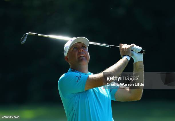 Graeme Storm of England play his second shot into the third green during the final round of the Lyoness Open at Diamond Country Club on June 11, 2017...