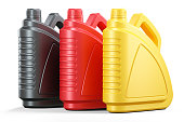 Colored plastic cans of motor oils
