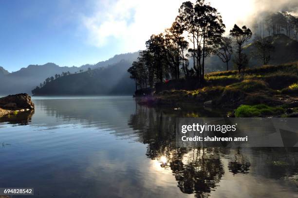 misty morning view at segara anak lake, mount rinjani, indonesia. - vulkan rinjani stock-fotos und bilder