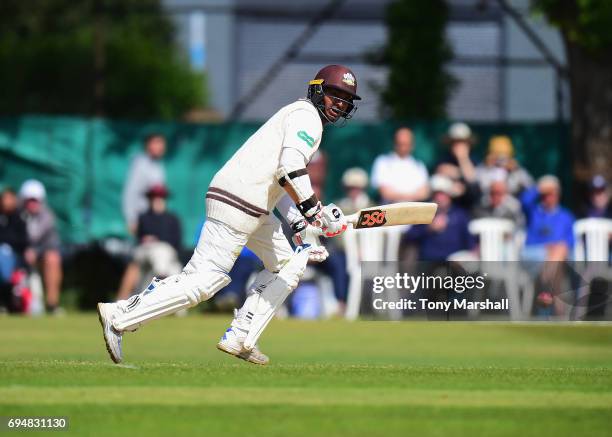 Kumar Sangakkara of Surrey bats during the Specsavers County Championship: Division One match between Surrey and Essex at Guildford Cricket Club on...