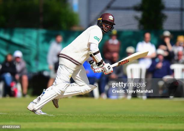 Kumar Sangakkara of Surrey bats during the Specsavers County Championship: Division One match between Surrey and Essex at Guildford Cricket Club on...