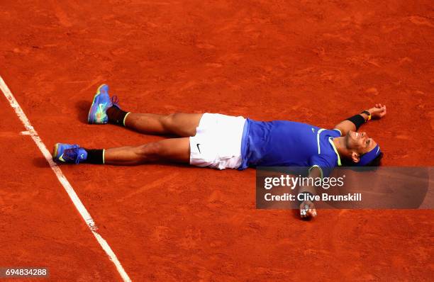 Rafael Nadal of Spain celebrates victory following the mens singles final against Stan Wawrinka of Switzerland on day fifteen of the 2017 French Open...