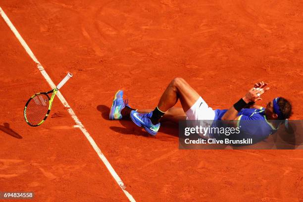 Rafael Nadal of Spain celebrates victory following the mens singles final against Stan Wawrinka of Switzerland on day fifteen of the 2017 French Open...