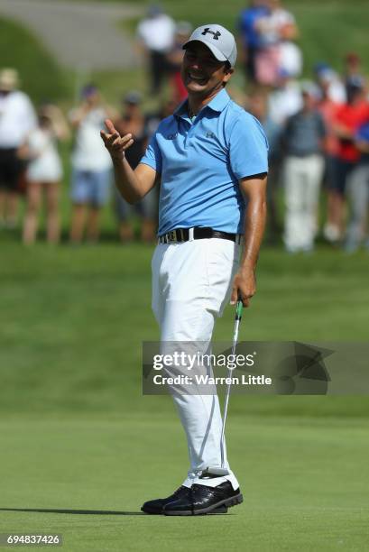 Felipe Aguilar of Chile reacts to a putt on the 18th green during the final round of the Lyoness Open at Diamond Country Club on June 11, 2017 in...