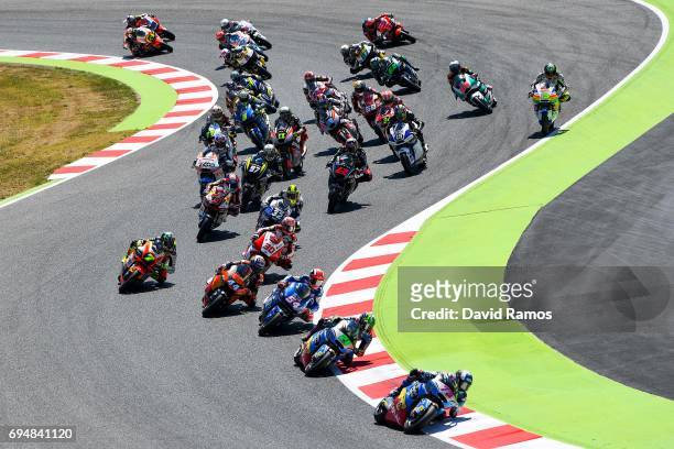 Alex Marquez of Spain and EG 0,0 Marc VDS leads the race during the Moto2 race at Circuit de Catalunya on June 11, 2017 in Montmelo, Spain.