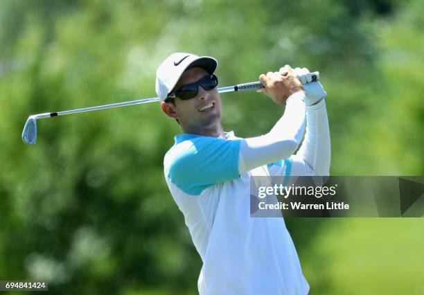 Dylan Frittelli of South Africa plays his second shot into the 10th green during the final round of the Lyoness Open at Diamond Country Club on June...