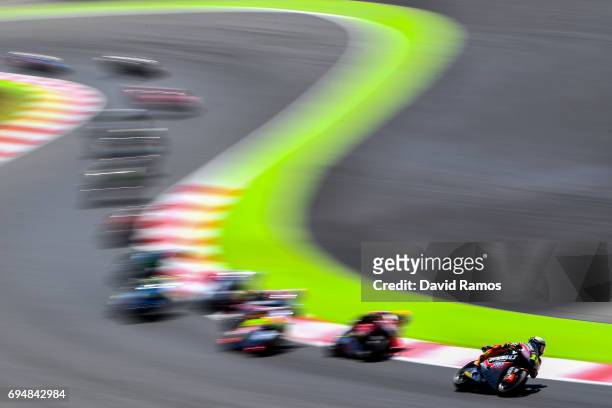 Sandro Cortese of Germany and Dynavolt Intact GP rides during the Moto2 race at Circuit de Catalunya on June 11, 2017 in Montmelo, Spain.
