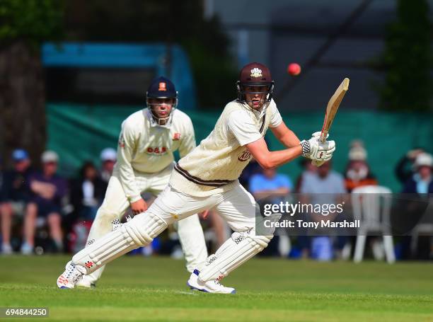 Dominic Sibley of Surrey bats during the Specsavers County Championship: Division One match between Surrey and Essex at Guildford Cricket Club on...