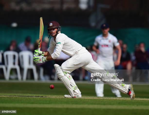 Ben Foakes of Surrey bats during the Specsavers County Championship: Division One match between Surrey and Essex at Guildford Cricket Club on June...