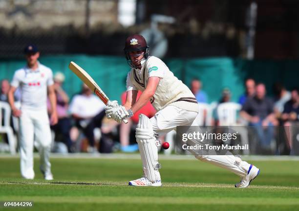 Dominic Sibley of Surrey bats during the Specsavers County Championship: Division One match between Surrey and Essex at Guildford Cricket Club on...