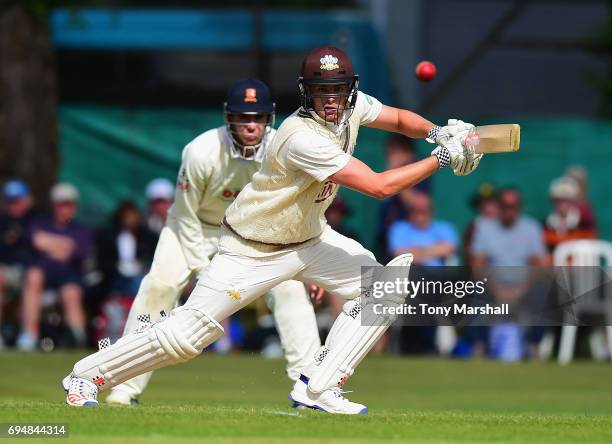 Dominic Sibley of Surrey bats during the Specsavers County Championship: Division One match between Surrey and Essex at Guildford Cricket Club on...