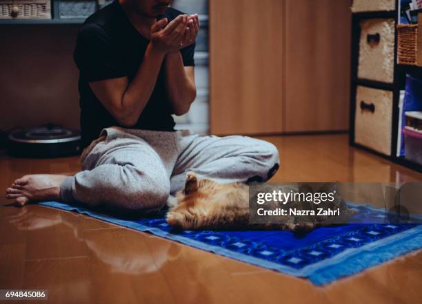 man praying with cat on mat - munchkin cat bildbanksfoton och bilder