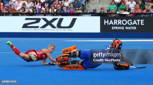 Alex Danson of England scores from the shot out during the Investec International match between England Women and Netherlands Women at The Lee Valley...