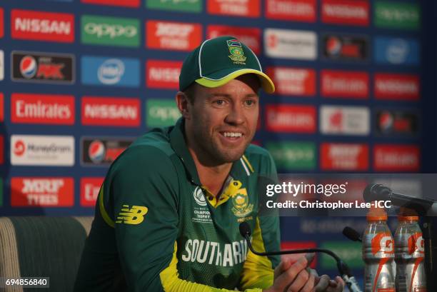 Captain AB de Villiers of South Africa talks to the media in the press conference during the ICC Champions Trophy Group B match between India and...