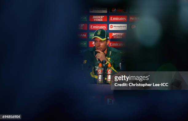 Captain AB de Villiers of South Africa talks to the media in the press conference during the ICC Champions Trophy Group B match between India and...