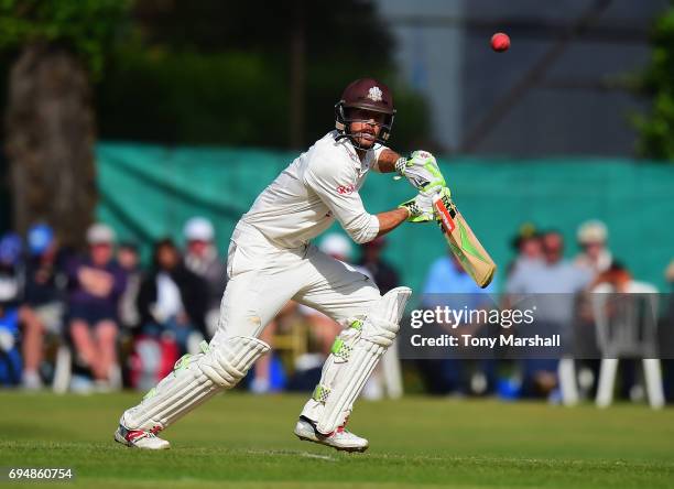 Ben Foakes of Surrey bats during the Specsavers County Championship: Division One match between Surrey and Essex at Guildford Cricket Club on June...