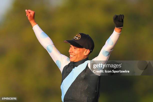 Jose Ortiz celebrates after he wins the 149th Belmont Stakes on June 10, 2017 at Belmont Park in Hempstead, NY.