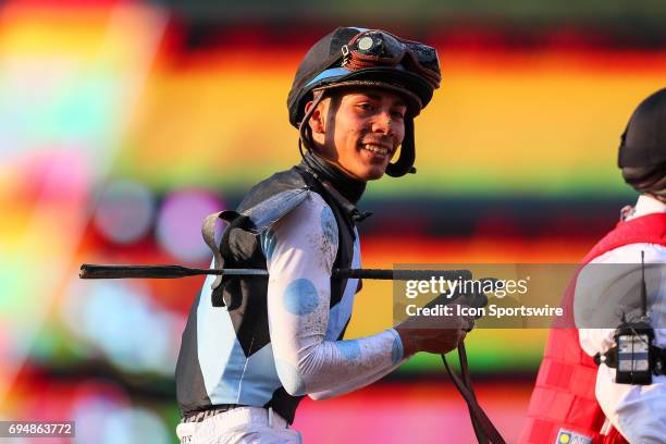 Jose Ortiz celebrates after he wins the 149th Belmont Stakes on June 10, 2017 at Belmont Park in Hempstead, NY.