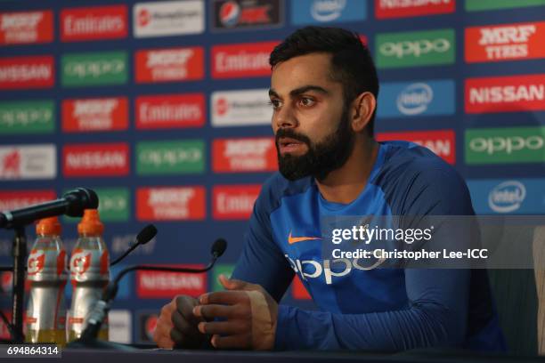 Captain Virat Kohli of India talks to the media in the press conference during the ICC Champions Trophy Group B match between India and South Africa...