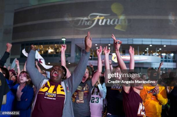 Cleveland Cavaliers fans gather at The Quicken Loans Arena to watch Game 4 of the NBA Finals between the Cleveland Cavaliers and the Golden State...