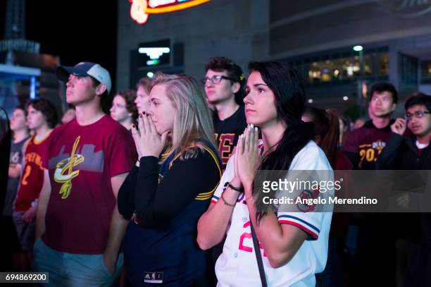 Cleveland Cavaliers fans gather at The Quicken Loans Arena to watch Game 4 of the NBA Finals between the Cleveland Cavaliers and the Golden State...