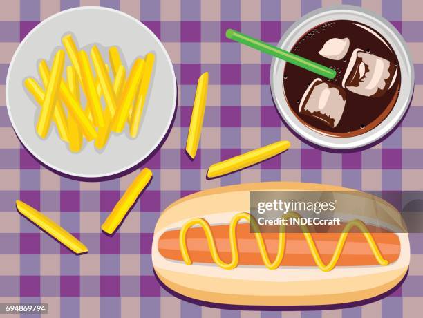 hot dog with french fries and cola drink top view - french fries top view stock illustrations