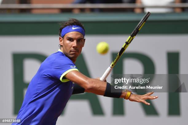 Rafael Nadal of Spain plays a forehand during the men's single final match against Stan Wawrinka of Switzerland on day fifteen of the 2017 French...