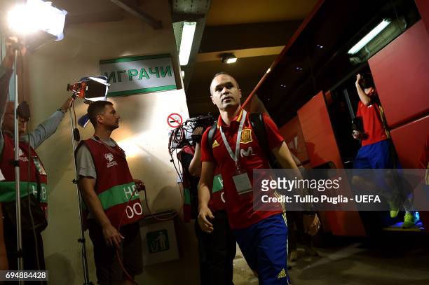 Andres Iniesta of Spain arrives before the FIFA 2018 World Cup Qualifier between FYR Macedonia and Spain at Nacional Arena Filip II Makedonski on...