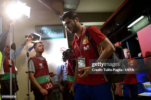 Alvaro Morata of Spain arrives before the FIFA 2018 World Cup Qualifier between FYR Macedonia and Spain at Nacional Arena Filip II Makedonski on June...