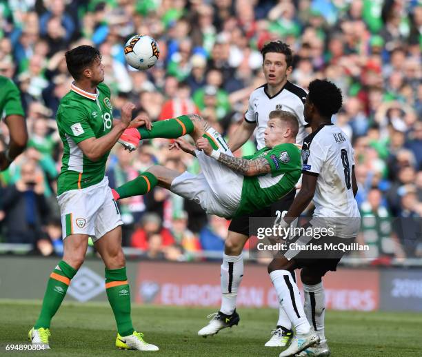 James McClean of Republic of Ireland attempts an overhead kick during the FIFA 2018 World Cup Qualifier between Republic of Ireland and Austria at...