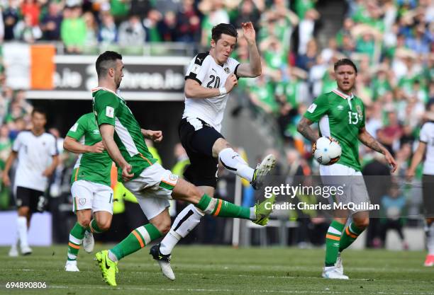 Shane Duffy of Republic of Ireland and Michael Gregoritsch of Austria during the FIFA 2018 World Cup Qualifier between Republic of Ireland and...