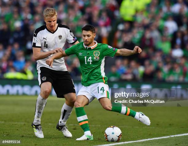 Wes Hoolahan of Republic of Ireland and Martin Hinteregger of Austria during the FIFA 2018 World Cup Qualifier between Republic of Ireland and...