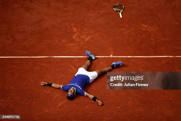 Rafael Nadal of Spain celebrates victory following the mens singles final against Stan Wawrinka of Switzerland on day fifteen of the 2017 French Open...