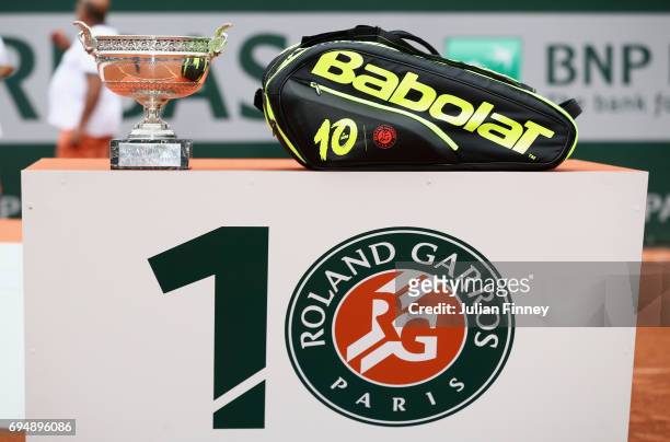 The Babolat bag of Rafael Nadal of Spain displays his ten wins at Roland Garros following the mens singles final match between Rafael Nadal of Spain...