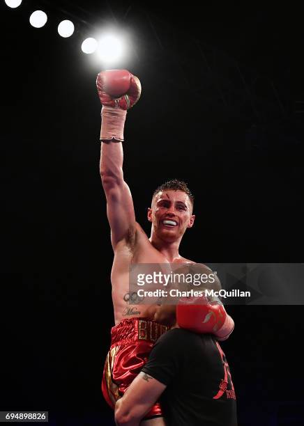 Ryan Burnett celebrates after defeating Lee Haskins during the IBF Bantamweight World Championship bout at the SSE Arena Belfast on June 10, 2017 in...