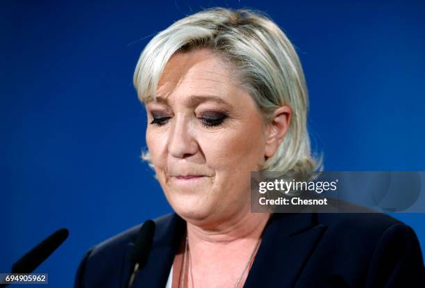 French National Front political party leader and candidate for French legislative elections, Marine Le Pen makes a statement after the results of the...