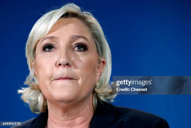 French National Front political party leader and candidate for French legislative elections, Marine Le Pen makes a statement after the results of the...