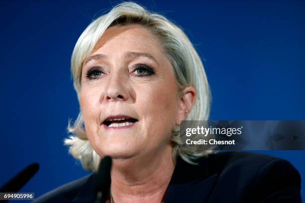 French National Front political party leader and candidate for French legislative elections, Marine Le Pen makes a statement after the results of the...