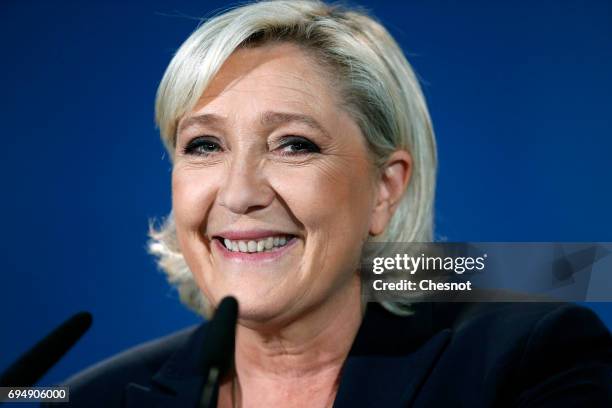 French National Front political party leader and candidate for French legislative elections, Marine Le Pen makes a statement after the results of the...