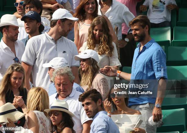 Pau Gasol and his girlfriend Catherine McDonnell, Fernando Llorente and his wife Maria Llorente attend Rafael Nadal's victory on day 15 of the 2017...