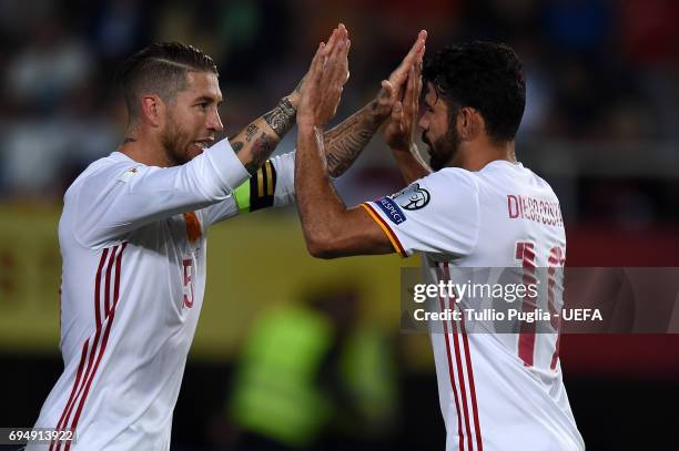 Diego Costa of Spain celebrates after scoring his team's second goal during the FIFA 2018 World Cup Qualifier between FYR Macedonia and Spain at...