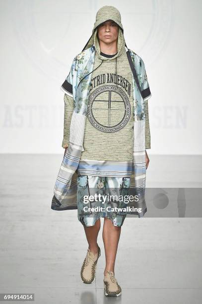 Model walks the runway at the Astrid Andersen Show Spring Summer 2018 fashion show during London Menswear Fashion Week on June 11, 2017 in London,...