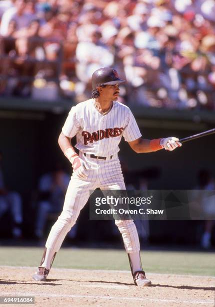 Benito Santiago of the san Diego Padres bats at Jack Murphy Stadium circa 1986 in San Diego, California.