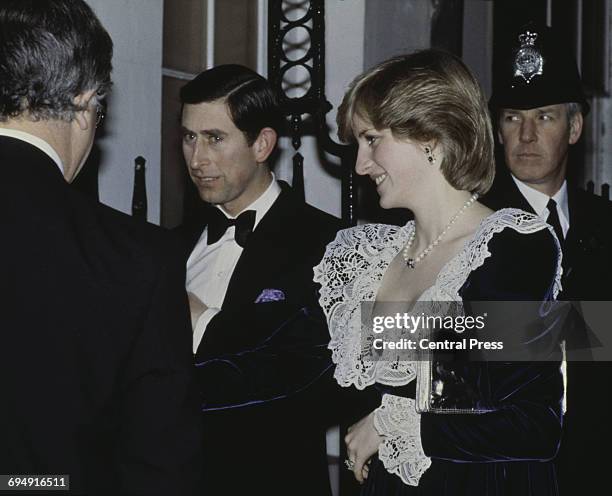 Prince Charles and the Princess of Wales arrive for a British Film Institute dinner at 11 Downing Street, the official residence of the Chancellor of...