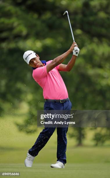 Fabian Gomez of Argentina plays his second shot on the first hole during the final round of the FedEX St. Jude Classic at the TPC Southwind on June...