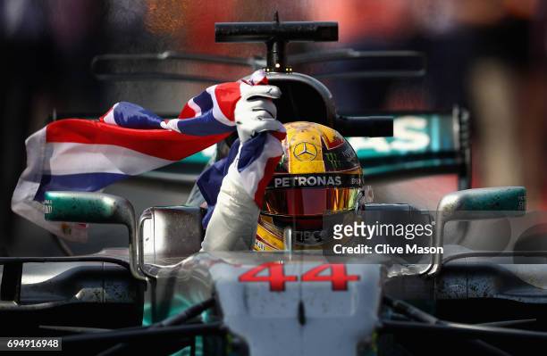 Race winner Lewis Hamilton of Great Britain and Mercedes GP celebrates in the Pitlane during the Canadian Formula One Grand Prix at Circuit Gilles...