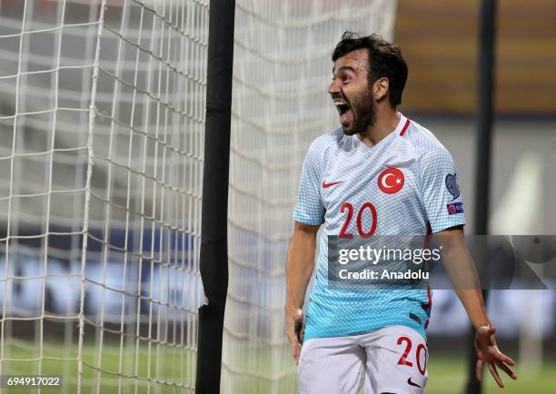 Volkan Sen of Turkish National Football Team celebrates after scoring a goal during the FIFA 2018 World Cup Qualifiers Group I match between Kosovo...