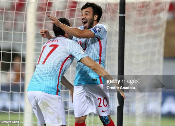 Footballers of Turkish National Football Team celebrate after scoring a goal during the FIFA 2018 World Cup Qualifiers Group I match between Kosovo...