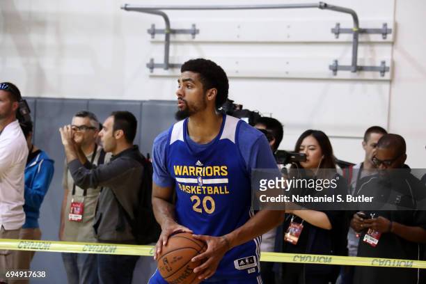 James Michael McAdoo of the Golden State Warriors shoots the ball during practice and media availability as part of the 2017 NBA Finals on June 11,...